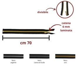 Cerniera lampo spirale laminata 70 cm divisibile catena 6 mm