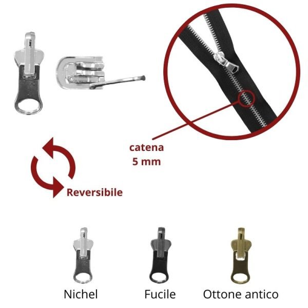 Cursore per zip reversibile catena 5 mm metallo
