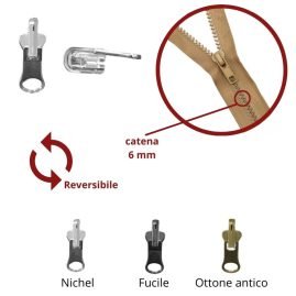 Cursore per zip reversibile catena plastica 6 mm carro