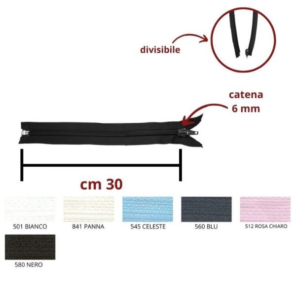Cerniera lampo spirale catena 6 mm divisibile cm 30 articolo 1185/5/30