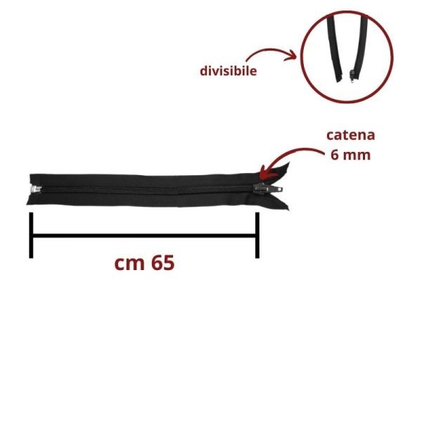 Cerniera lampo spirale catena 6 mm divisibile cm 65 articolo 1185/5/65