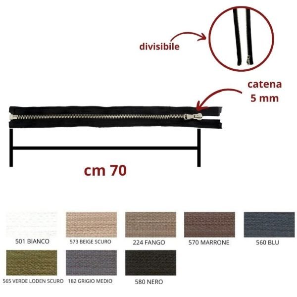 Cerniera lampo metallo alpacca 70 cm cursore singolo catena 5 mm divisibile