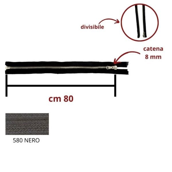 Cerniera lampo spessa metallo alpacca 80 cm cursore singolo catena 8 mm divisibile