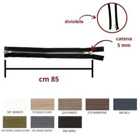 Cerniera lampo metallo alpacca 85 cm combi (2 cursori) catena 5 mm divisibile