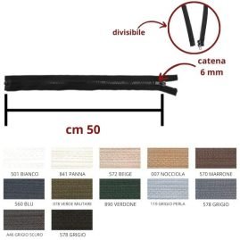 Cerniera lampo carro 50 cm catena plastica 6 mm divisibile articolo 1184/6/50