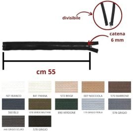 Cerniera lampo carro 55 cm catena plastica 6 mm divisibile articolo 1184/6/55