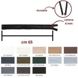 Cerniera lampo carro 65 cm catena plastica 6 mm divisibile articolo 1184/6/65