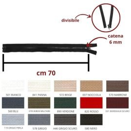 Cerniera lampo carro 70 cm catena plastica 6 mm divisibile articolo 1184/6/70