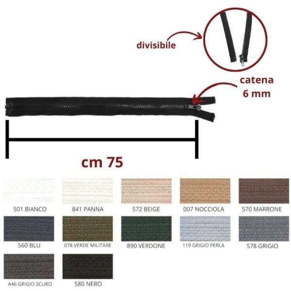 Cerniera lampo carro 75 cm catena plastica 6 mm divisibile articolo 1184/6/75