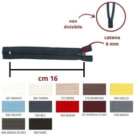 Cerniera lampo cm 16 nylon spirale 6 mm articolo 1185/6/16