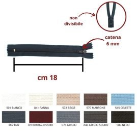 Cerniera lampo cm 18 nylon spirale 6 mm articolo 1185/6/18
