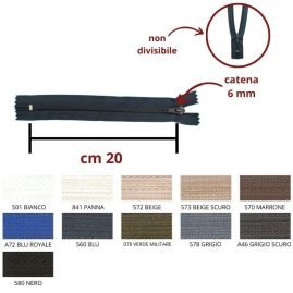 Cerniera lampo cm 20 nylon spirale 6 mm articolo 1185/6/20