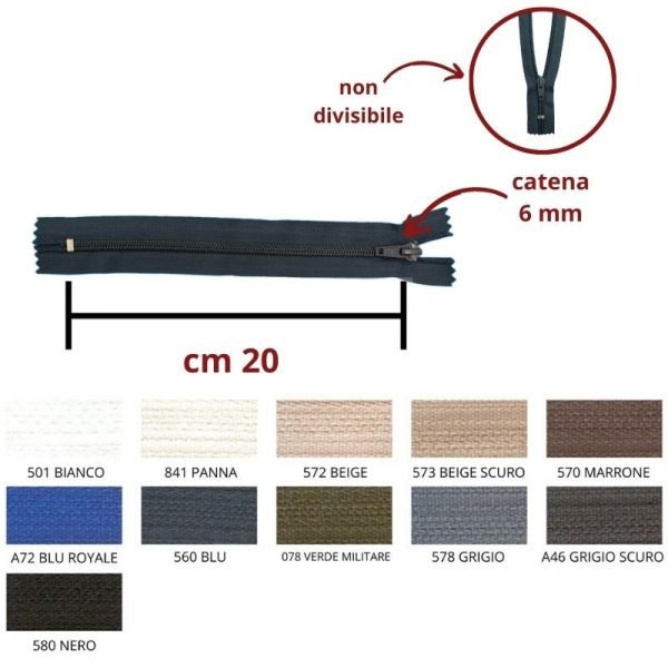 Cerniera lampo cm 20 nylon spirale 6 mm articolo 1185/6/20