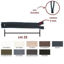 Cerniera lampo cm 25 nylon spirale 6 mm articolo 1185/6/25