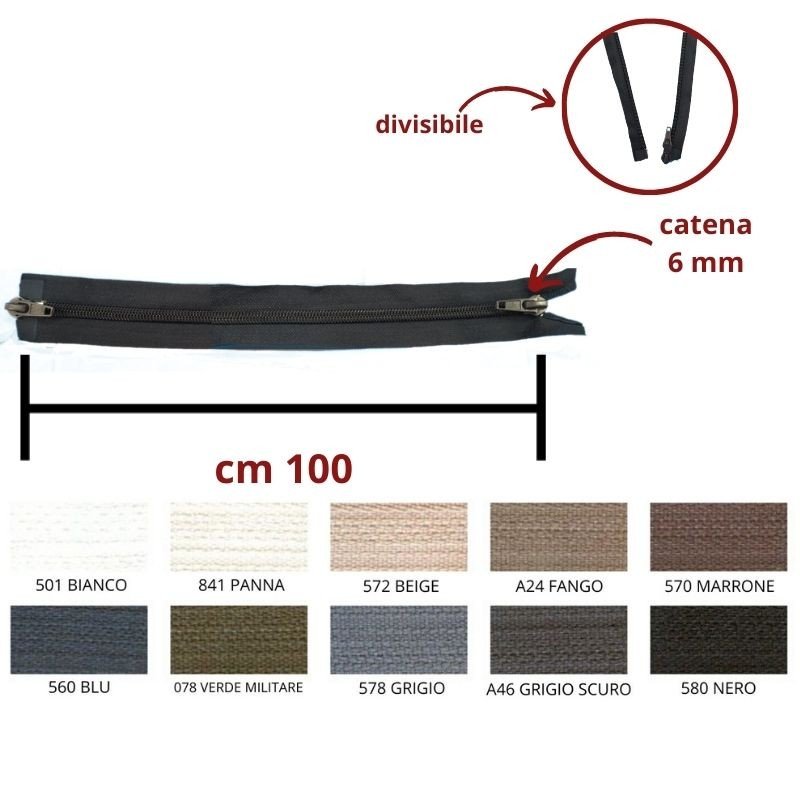 Cerniera lampo combi (2 cursori) 100 cm divisibile catena 6 mm spirale articolo 1185/9/100