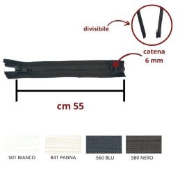 Cerniera lampo combi (2 cursori) carro  55 cm catena plastica 6 mm divisibile articolo 1184/9/55