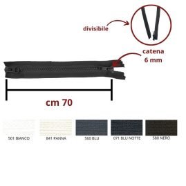 Cerniera lampo combi (2 cursori) carro  70 cm catena plastica 6 mm divisibile articolo 1184/9/70