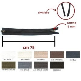 Cerniera lampo combi (2 cursori)  75 cm divisibile catena 6 mm spirale articolo 1185/9/75