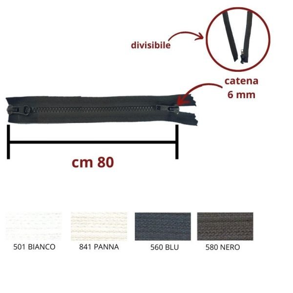 Cerniera lampo combi (2 cursori) carro  80 cm catena plastica 6 mm divisibile articolo 1184/9/80