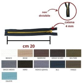 Cerniera lampo per jeans 20 cm ottone catena 4 mm articolo 1183/1/20