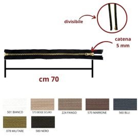 Cerniera lampo metallo ottone 70 cm cursore singolo catena 5 mm divisibile