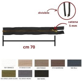 Cerniera lampo metallo ottone vecchio 70 cm cursore singolo catena 5 mm divisibile