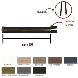 Cerniera lampo metallo ottone vecchio 85 cm combi (2 cursori) catena 5 mm divisibile