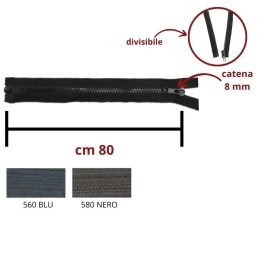 Cerniera lampo spessa carro cursore singolo 80 cm divisibile catena plastica 8 mm articolo 1184/8/80