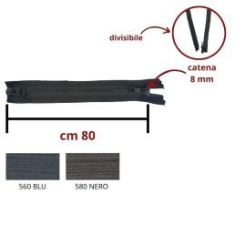 Cerniera lampo spessa carro combi (2 cursori) 80 cm divisibile catena plastica 8 mm articolo 1184/10/80