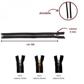 Cerniera lampo metallo lucida cm 100 cursore singolo catena 5 mm divisibile