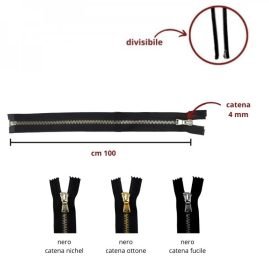 Cerniera lampo metallo lucida cm 100 cursore singolo catena 4 mm divisibile