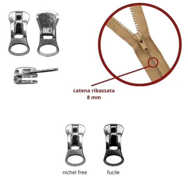 Cursore per zip catena plastica 8 mm carro dente ribassato
