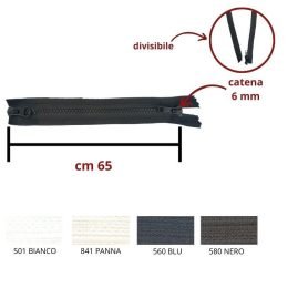 Cerniera lampo combi (2 cursori) carro  65 cm catena plastica 6 mm divisibile articolo 1184/9/65