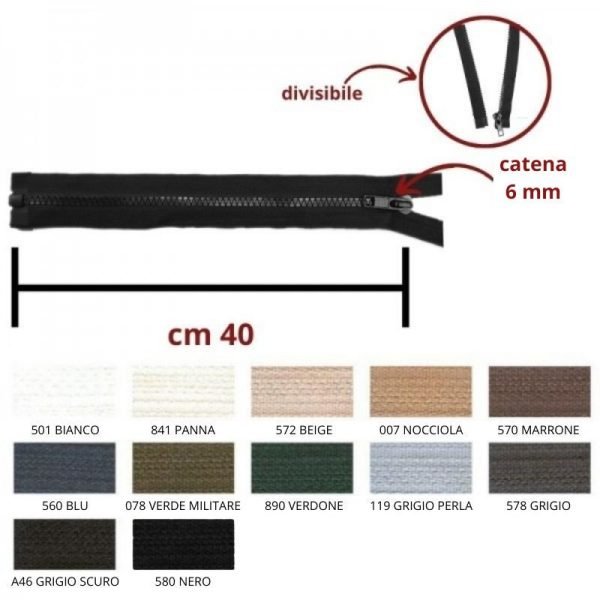 Cerniera lampo carro 40 cm catena plastica 6 mm divisibile articolo 1184/6/40