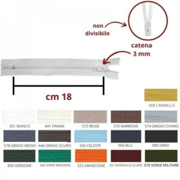 Cerniera lampo spirale 18 cm catena 3 mm articolo S30/18