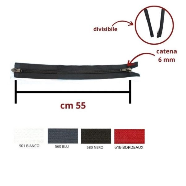Cerniera lampo combi (2 cursori)  55 cm divisibile catena 6 mm spirale articolo 1185/9/55