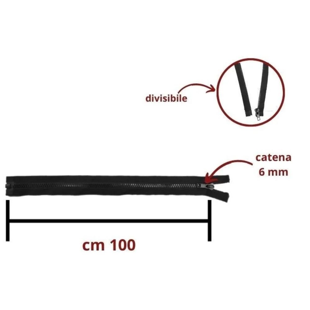 Cerniera lampo carro 100 cm catena plastica 6 mm divisibile articolo 1184/6/100