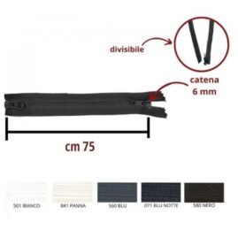 Cerniera lampo combi (2 cursori) carro  75 cm catena plastica 6 mm divisibile articolo 1184/9/75